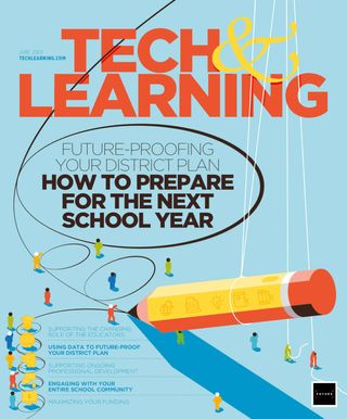 Tech & Learning June 2020 cover, with small figures directing giant pencil.