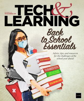 September 2021 cover showing young teacher wearing mask and carrying stack of books, computer keyboard and microscope